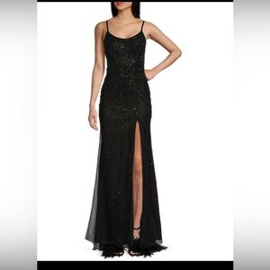 349$ GB Sleeveless Scoop Neck Illusion Back Slit Hem Beaded Glitter Long Dress